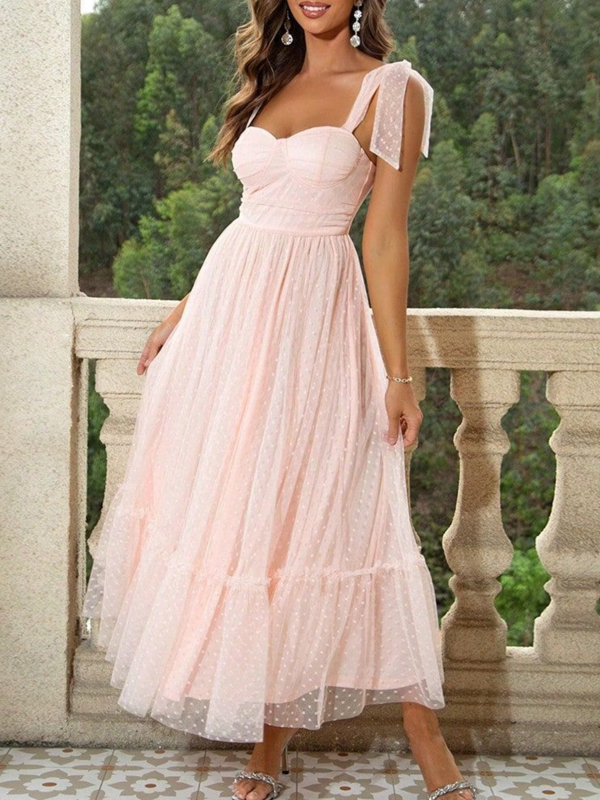 Polka Dots Strapless Shoulder Strap Mesh Splicing Sweet Maxi Dresses