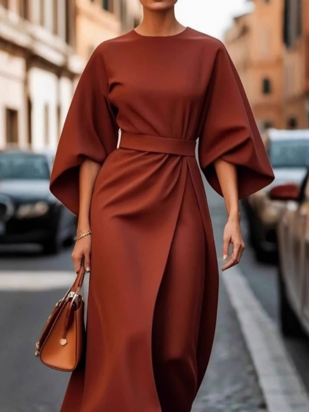 Batwing Sleeves Round Neck Tie High-waisted And Slimming Maxi Dresses