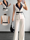 Straight-leg Trousers And Color-blocked Vest Two-piece Set
