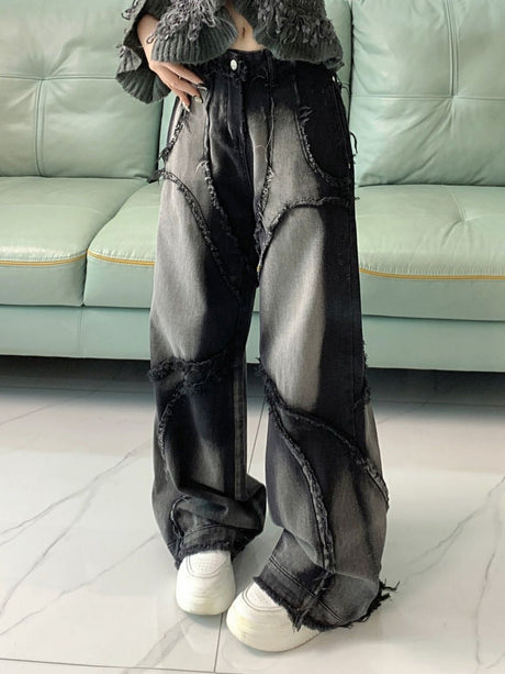 Y2k Black Wash Splicing Rough Edges Jeans