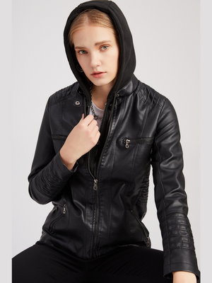 Hooded Removable 2-piece Sets Leather Jacket