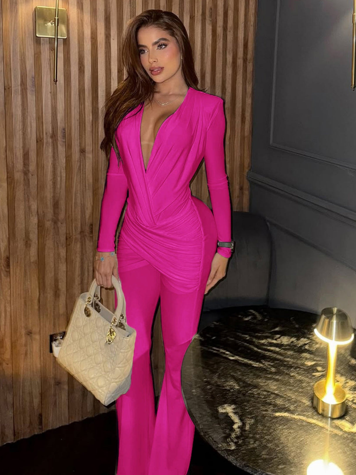 Deep V-neck Long-sleeved Fitted Flares Jumpsuits&Bodysuits