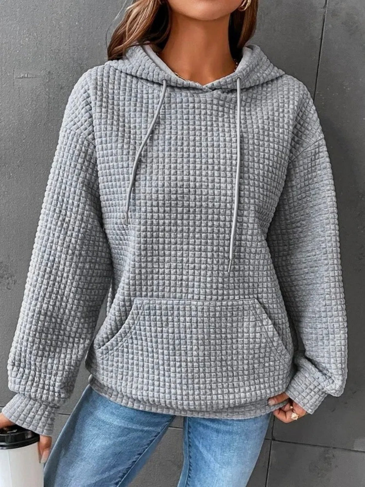 Waffle Drawstring Pocket Round Neck Long Sleeve Hoodie