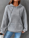Waffle Drawstring Pocket Round Neck Long Sleeve Hoodie