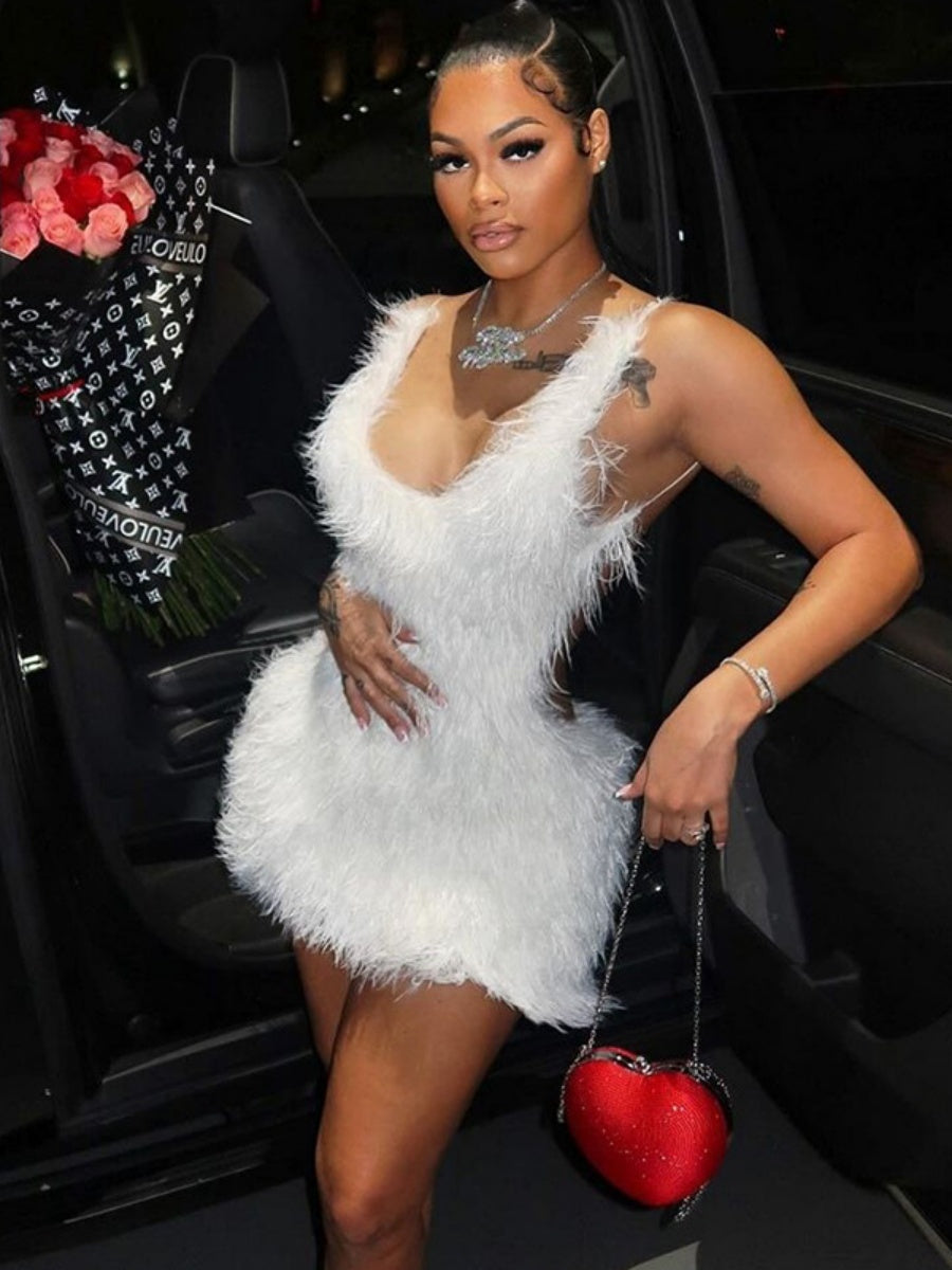 White Sexy Open Back Zipper Furry Halter Bodycon Dress
