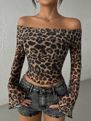 Sexy Off Shoulder Long Sleeve Navel Leopard Print Sexy Top
