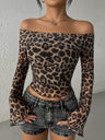 Sexy Off Shoulder Long Sleeve Navel Leopard Print Sexy Top