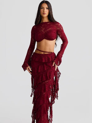 Lace Round Neck Long-sleeved Bell Sleeve Top And Layered Ribbon Skirt Two-piece Set