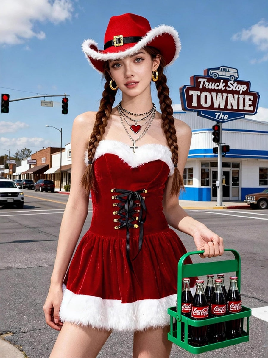 Christmas Red Plush Dress And Denim Hat 2-piece Sets