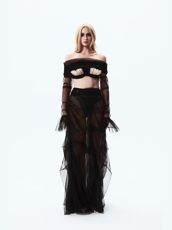Bra Petal-shaped Off-shoulder Mesh Top (three-piece Set)