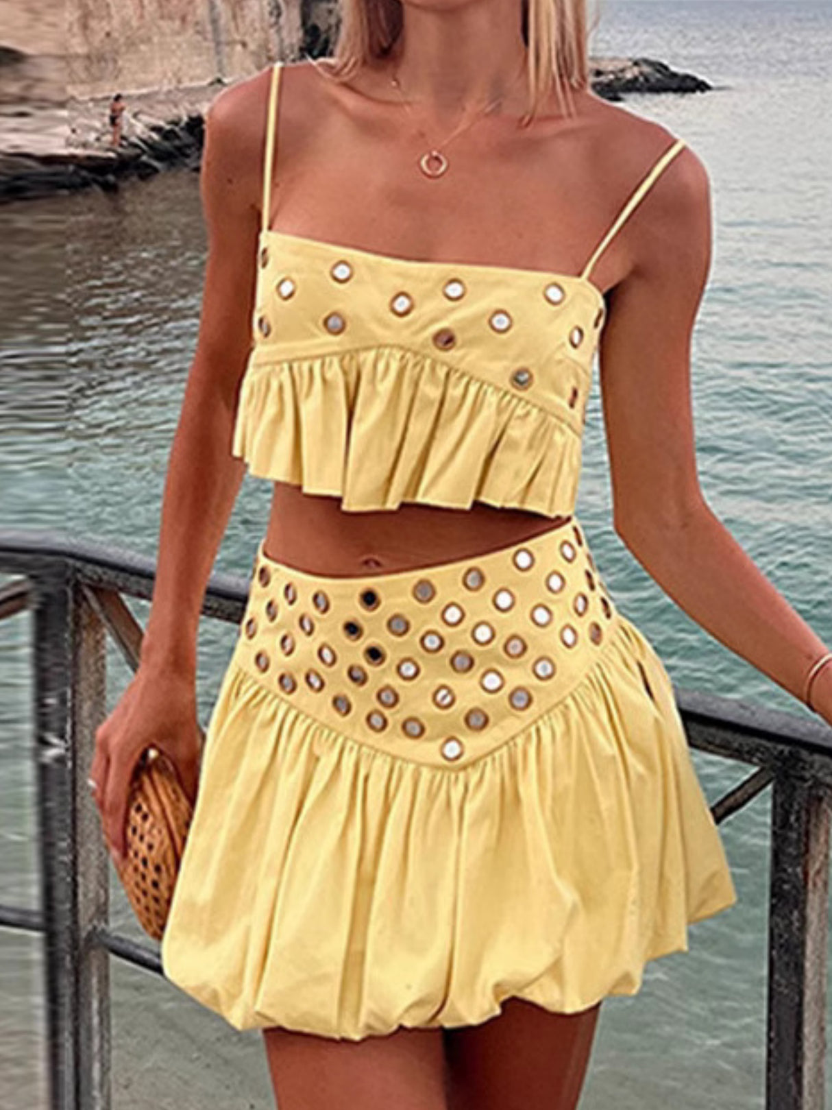 Metal Decoration Pleated Hem Sundress 2-piece Sets