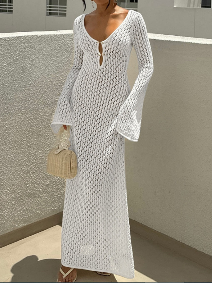 V-neck Round Button Long-sleeved Vacation Maxi Dress/beach Wear