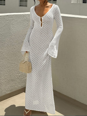 V-neck Round Button Long-sleeved Vacation Maxi Dress/beach Wear