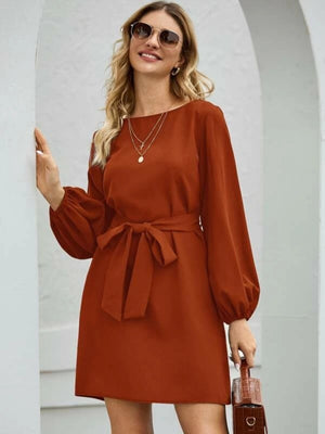 Balloon Sleeve Round Neck Tie High-waisted And Slimming Midi Dresses