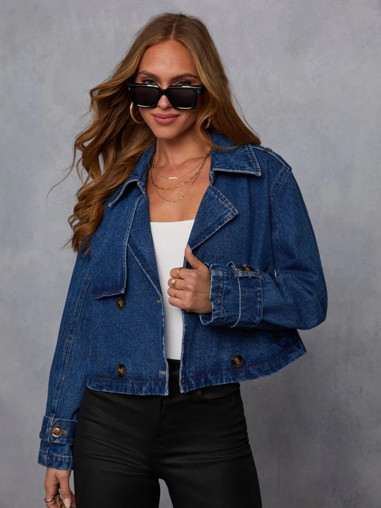 Lapel Double-breasted Long Sleeves Short Denim Jacket