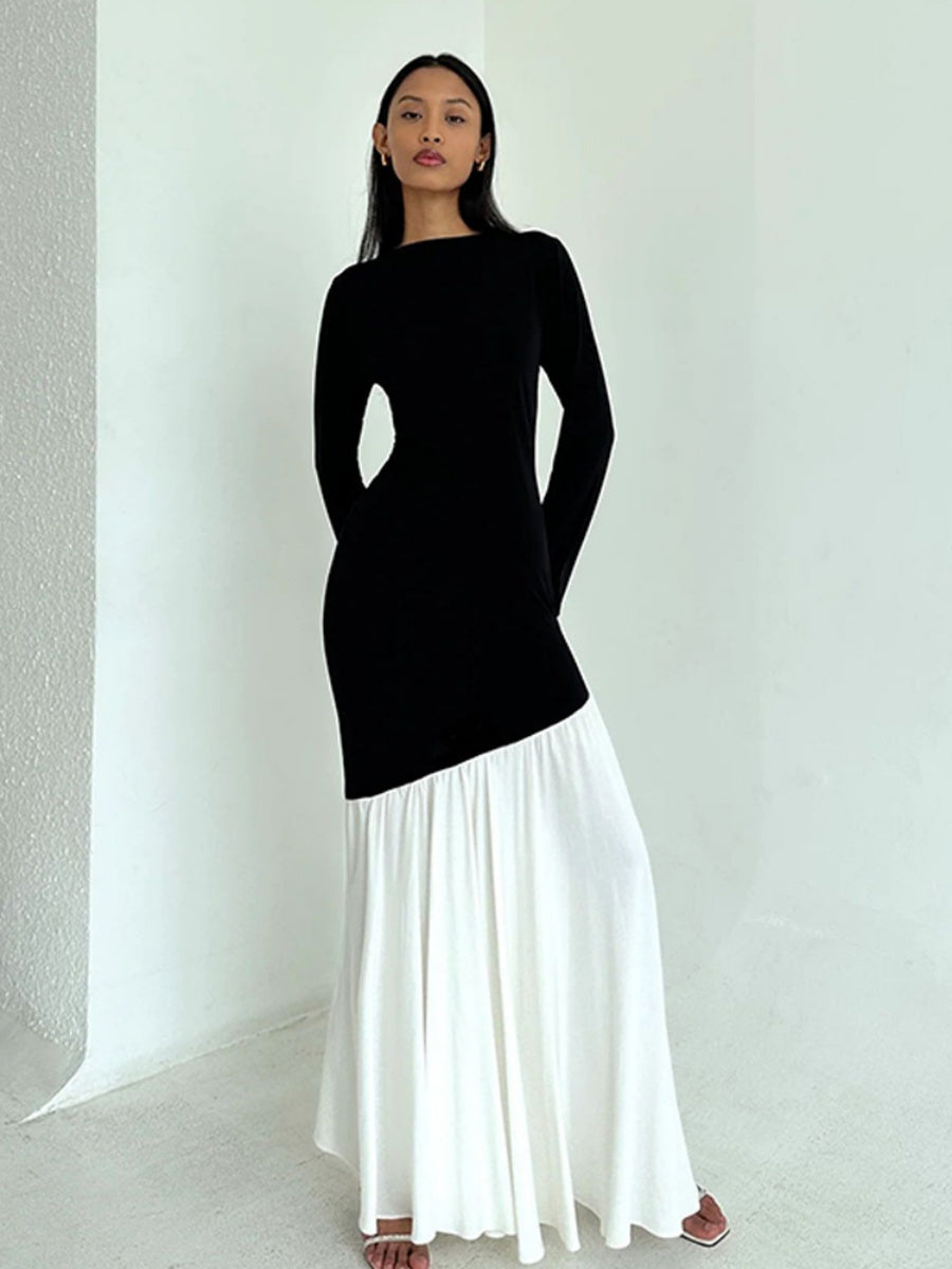 Liber Autumn Women's Contrast color pleats Solid Color Maxi Dresses