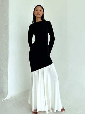 Liber Autumn Women's Contrast color pleats Solid Color Maxi Dresses