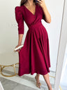 V-neck, Fitted Waist Pleated Big Swing Daily Casual Midi Dress