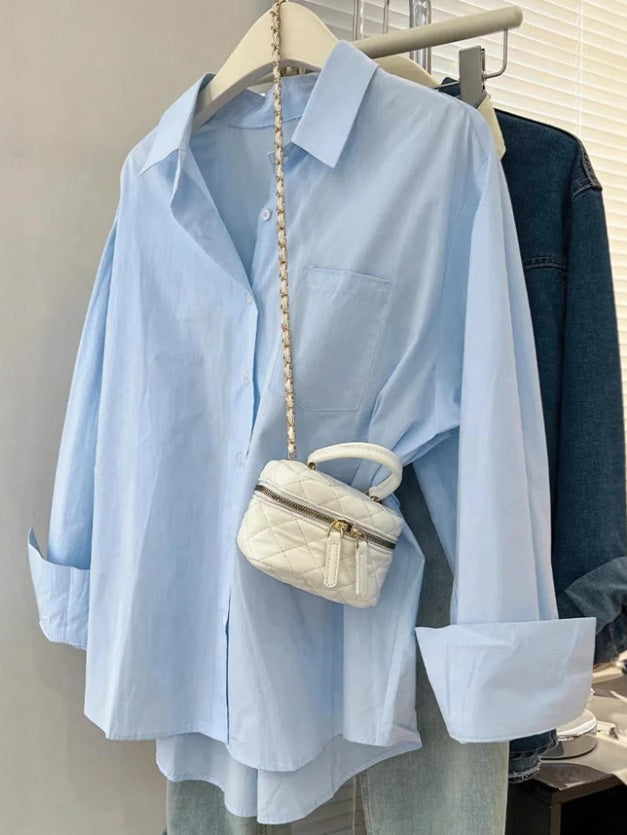 Asian Korean Style New Loose-fitting Summer Long-sleeved Pocket Shirt