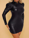 Schwarze Mini- und kurze Kleider aus Stretch-PU-Leder mit Puffärmeln und Rollkragen, eng anliegend