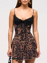 Leopard Print Lace Patchwork High-waisted A-line Skirt Mini&Short Dresses