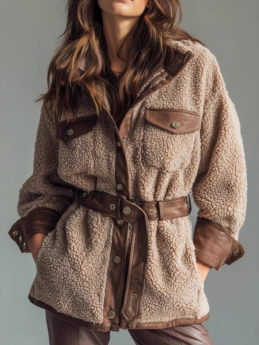 Polar Fleece Long Pocket Splicing Belted Jacket