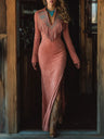 Long-sleeved Tassels Long Dress With Slit