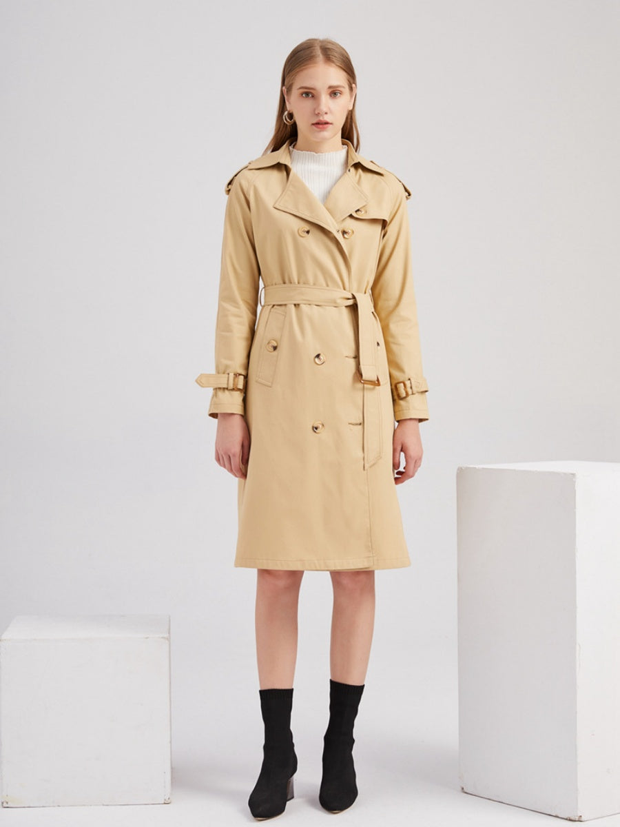 Waist-hugging Cotton Long Sleeve Lapel Three-dimensional Decoration Solid Color Trench Coats