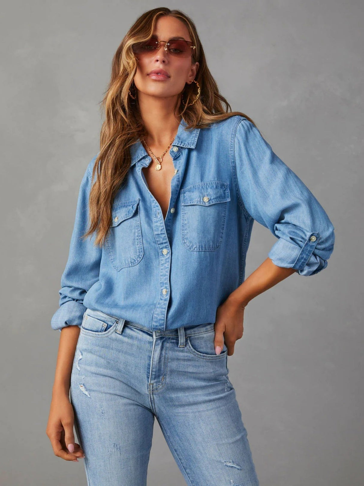Lapel Single-breasted Long Sleeves Denim Shirt