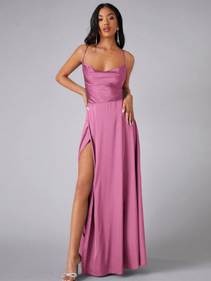 Backless Bandage Draped Collar Satin High Slit Bridesmaid Dresses Cocktail Party Maxi Dresses
