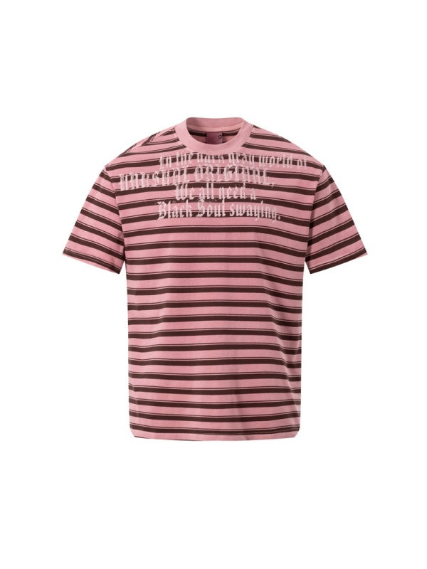 Retro Color-blocked Stripes Letter Printed T-shirts