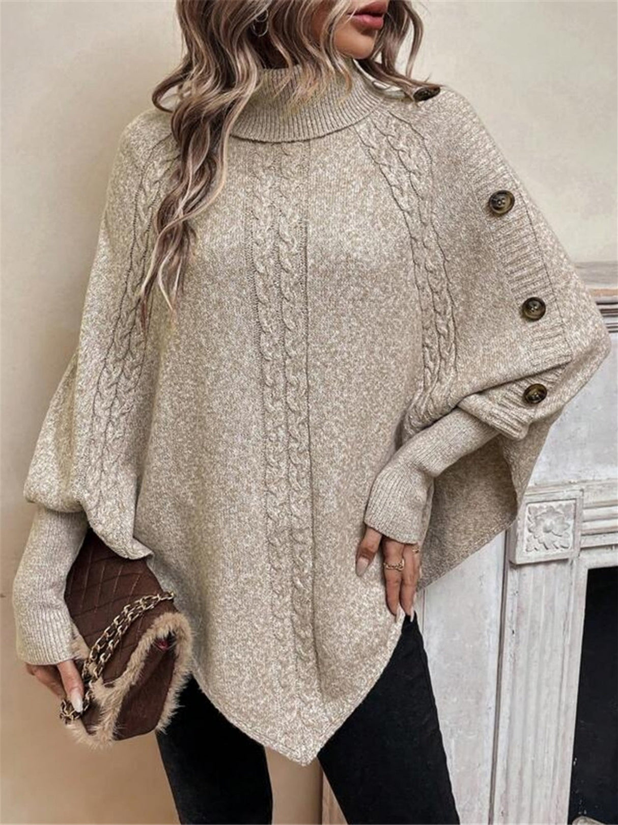 Turtleneck Buttons Batwing Shirt Cable Knit Sweater