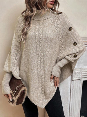 Turtleneck Buttons Batwing Shirt Cable Knit Sweater