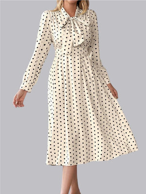 Bow Tie Collar Long Sleeve Waist Polka Dots Midi Dresses