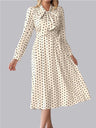 Bow Tie Collar Long Sleeve Waist Polka Dots Midi Dresses
