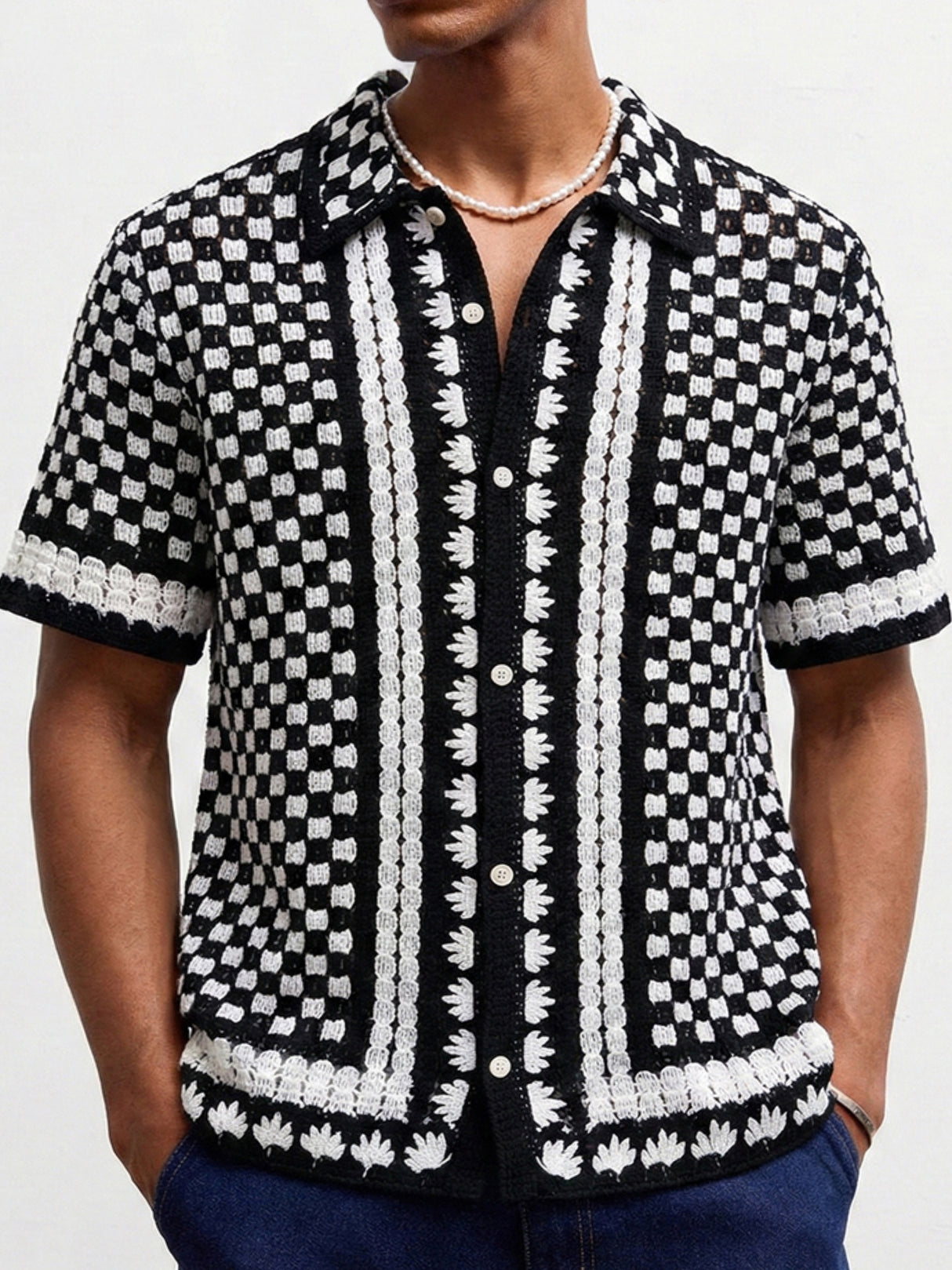 Crochet Knitting Black And White Plaid Hollow POLO Shirt