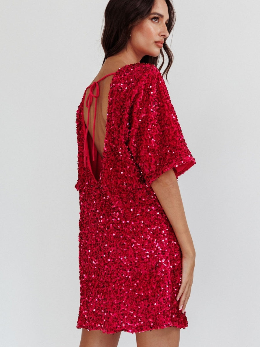 Crew Neck Sequins European And American Style Short Sleeve Loose Bandage Parties Christmas Short Dress