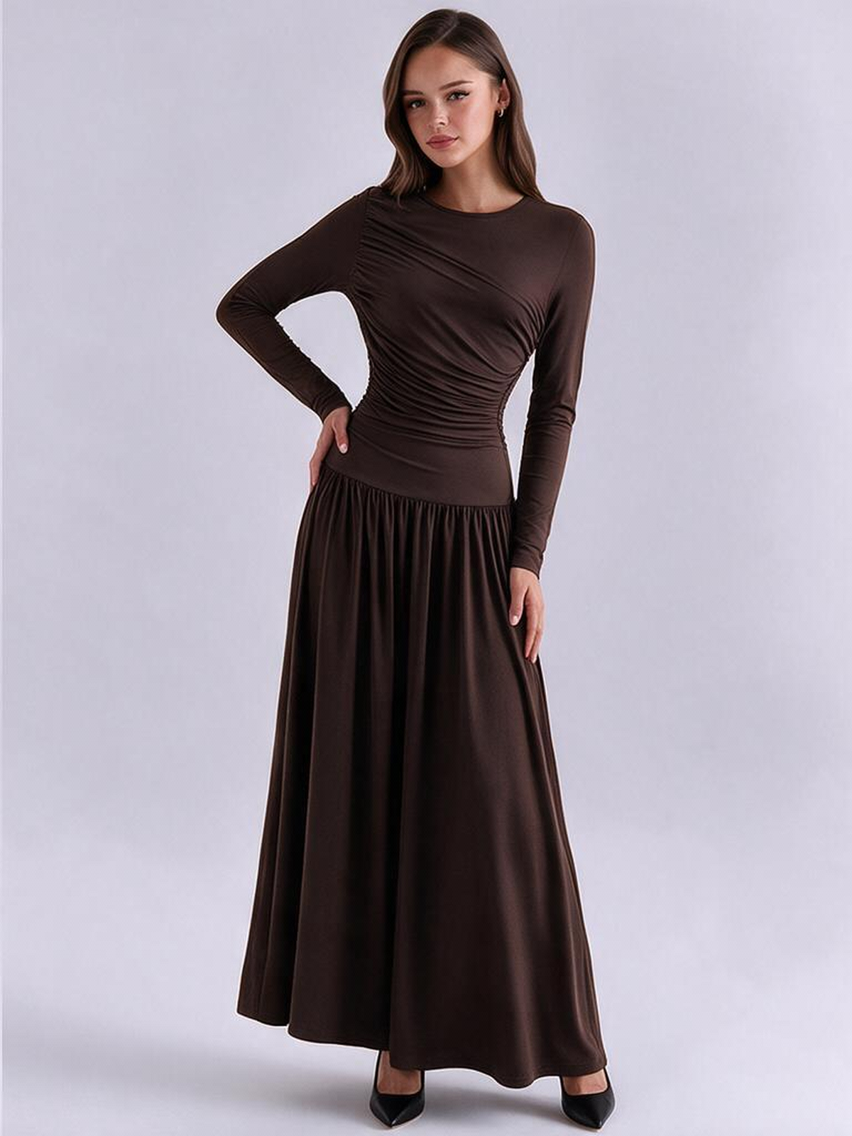 Pleated Design Long-sleeved Round Neck A-line Dress