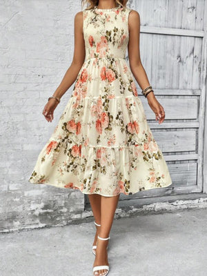 Floral Print Round Neck Sleeveless Maxi Dresses