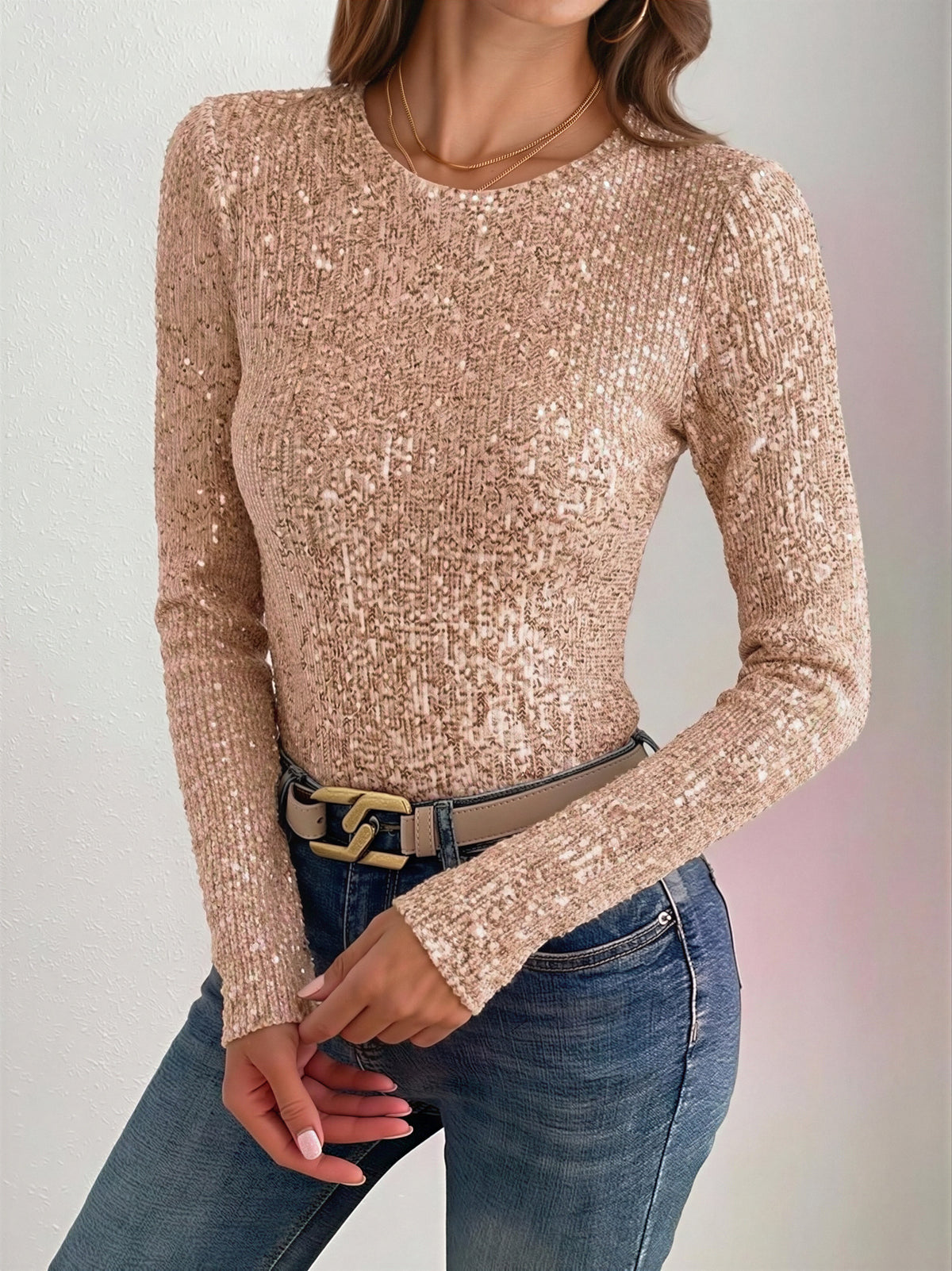 Long-sleeved, Slim-fit, Round Neck, Shimmering, Openwork Bodysuit