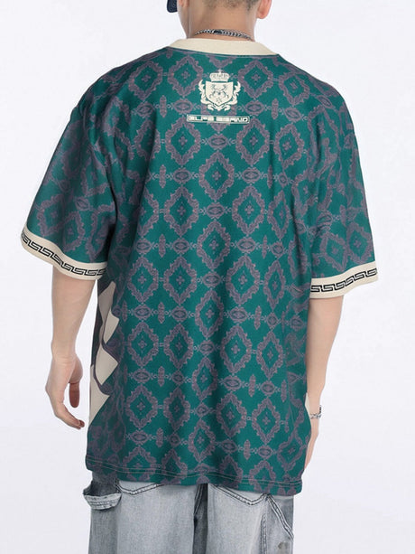 Retro Libya Crown Color-blocked Vertical Stripes V-neck T-shirts