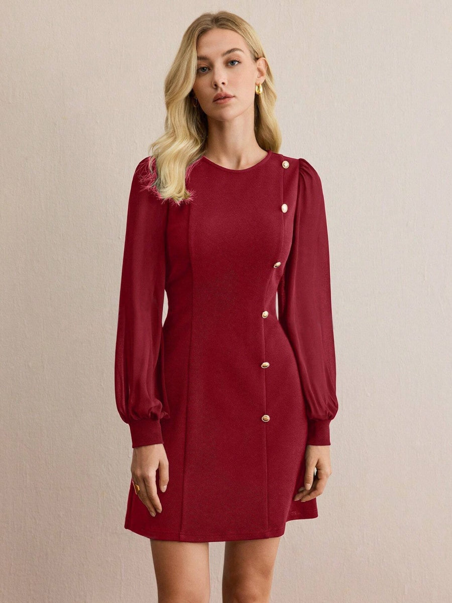 Pullover Crew Neck Splicing Fasteners Slim Fit Slimming Long Sleeve Workplace Casual Short Dress