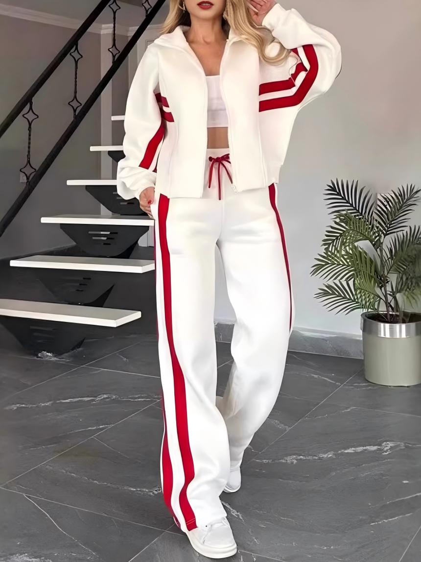 Stripes Zipper Top Wide-leg Pants Leisure Sports 2-piece Sets