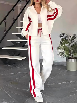 Stripes Zipper Top Wide-leg Pants Leisure Sports 2-piece Sets