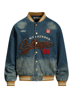 Retro Washing Letter Embroidery Baseball Uniform Denim Jacket