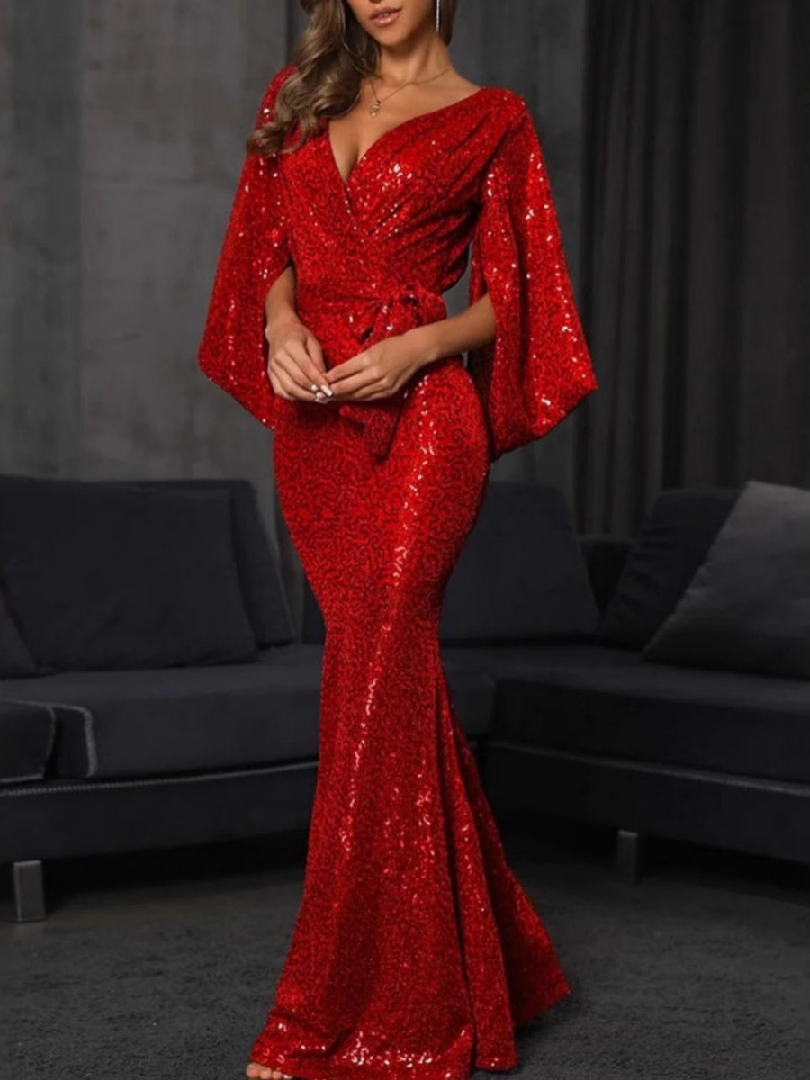 Fishtail Skirt With Deep V-neck Batwing Sleeves Lace Up Evening Dress