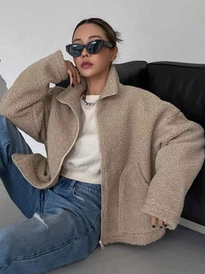 Leisure Long Sleeve Stand Collar Zipper Pocket Lambswool Jackets