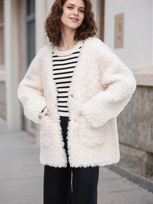 Liber Autumn women's white short fur pocket button Patchwork cotton jacket