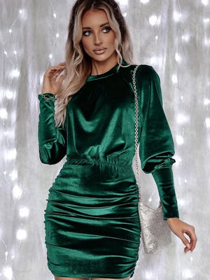 Bodycon Style With Pleats Draped Collar Leg Of Mutton Sleeves Sexy Velvet Long Sleeve Cocktail Party Short Dress