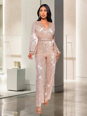 Deep V Long Sleeve Belt Sequins Jumpsuit